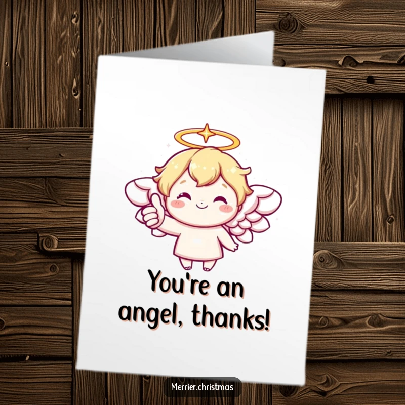 Funny Free Printable Thank You Card: Kawaii angel with a glowing halo offering a cheerful thumbs up of thanks.