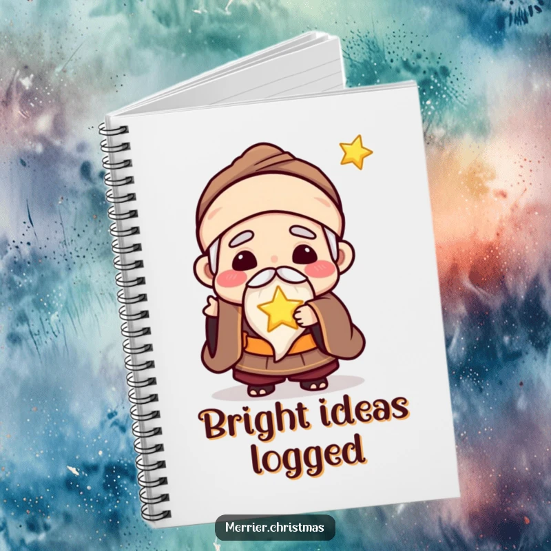 Funny notebook with a kawaii wise man character joyfully offering a tiny, glowing star, perfect for notes.