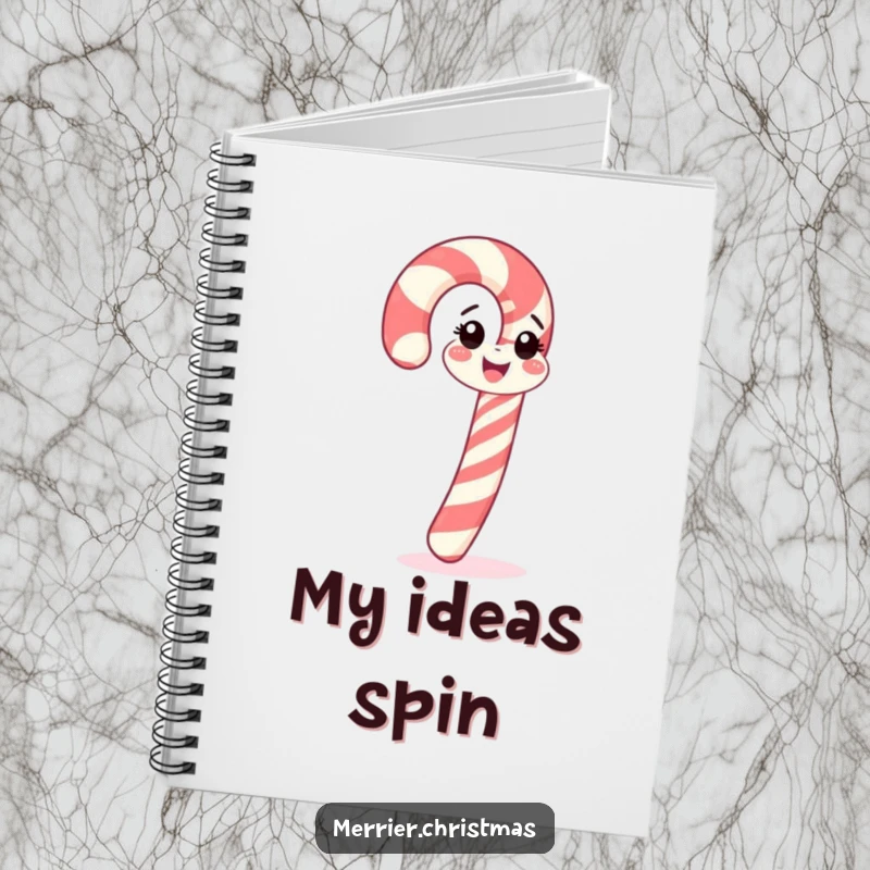 Funny candy cane notebook, cheerfully spinning, perfect for notes and as a funny gift.