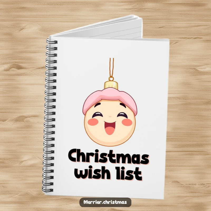 Funny notebook with an excited Christmas ornament character with a wide smile, inspiring humorous holiday journaling and note-taking.