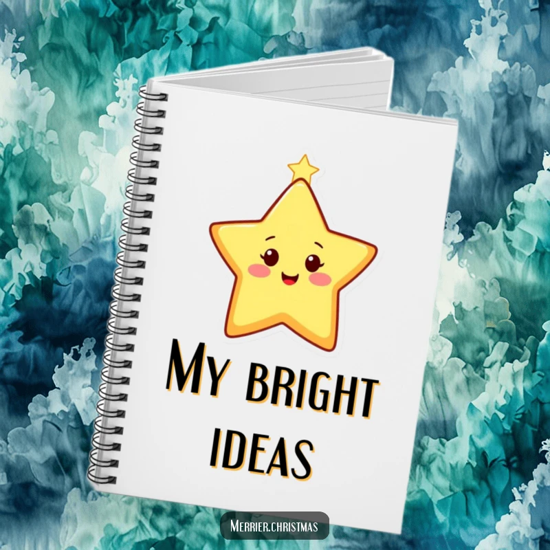 Funny Notebook with a happy, stylized Christmas star character twinkling brightly, perfect for journaling and notes.