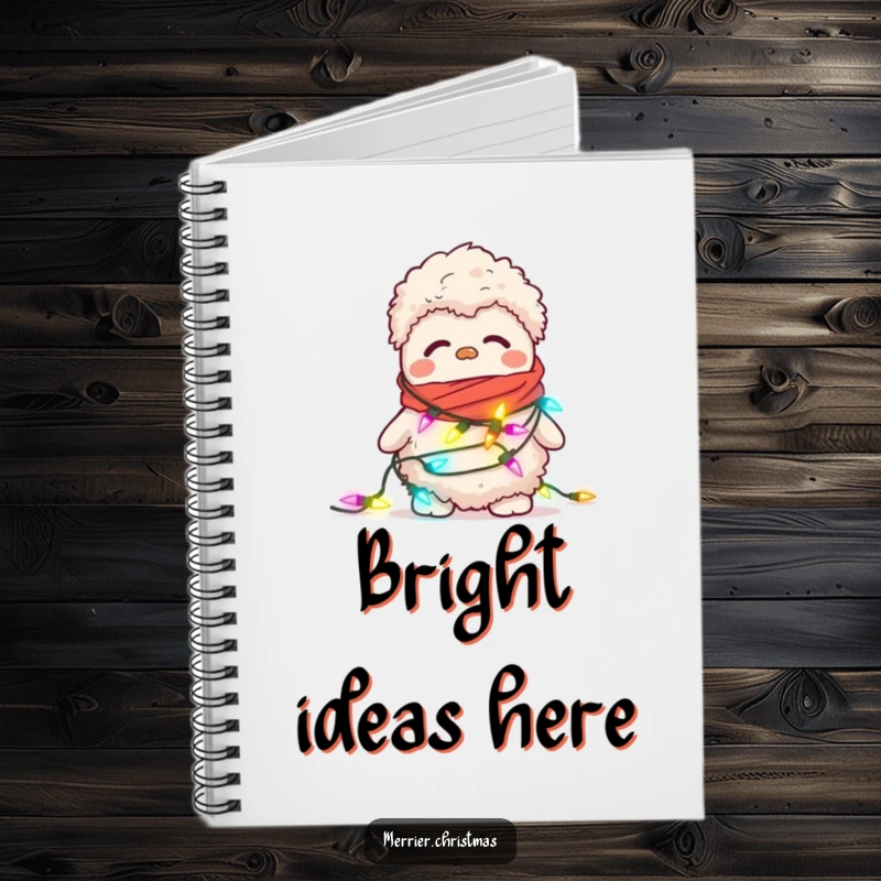 Funny notebook cover with a confused, fuzzy slipper attempting to wear a string of blinking Christmas lights as a scarf.