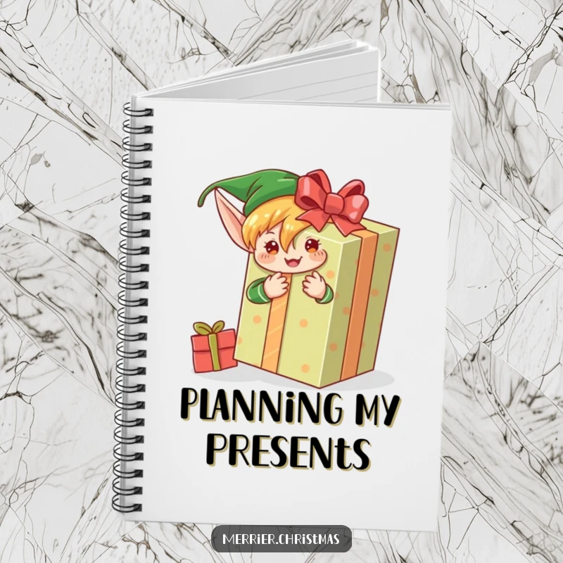 Funny notebook featuring an elf character enthusiastically wrapping a large gift, perfect for jotting down holiday plans and ideas.