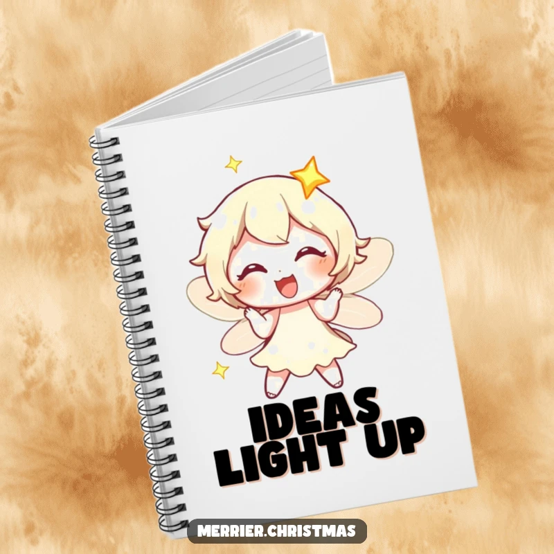 Funny fairy light character twinkling with exaggerated delight, adorning the cover of a notebook for joyful writing.