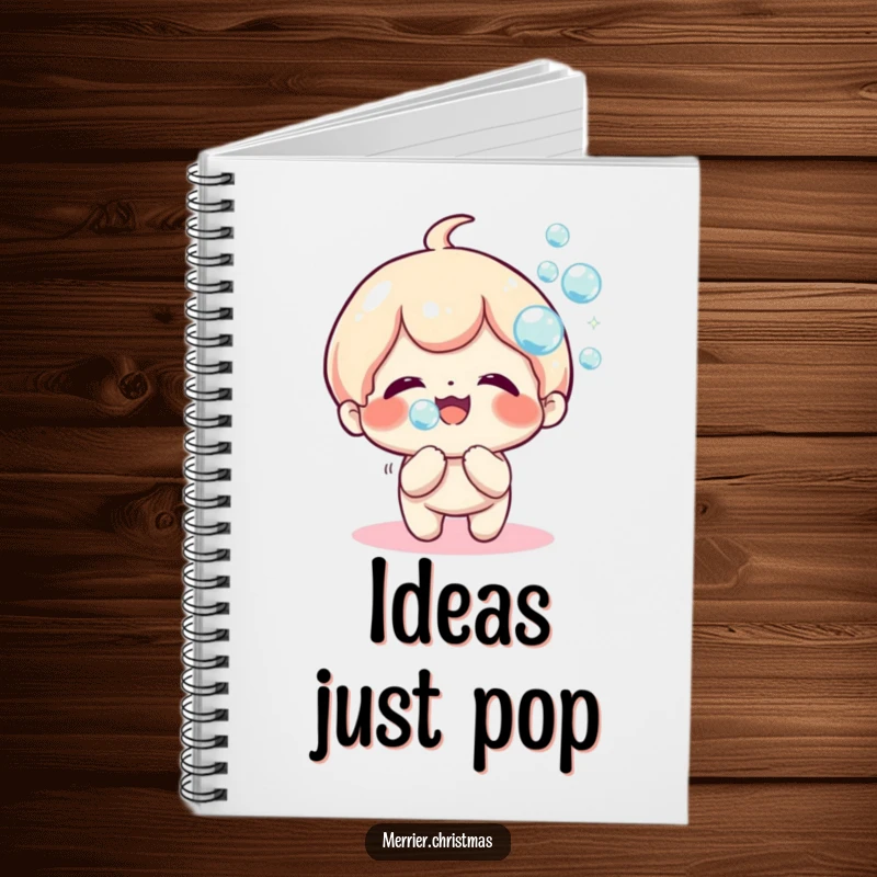 Funny Notebook with a kawaii character blowing sparkly bubbles on the cover, inspiring joy and creativity.