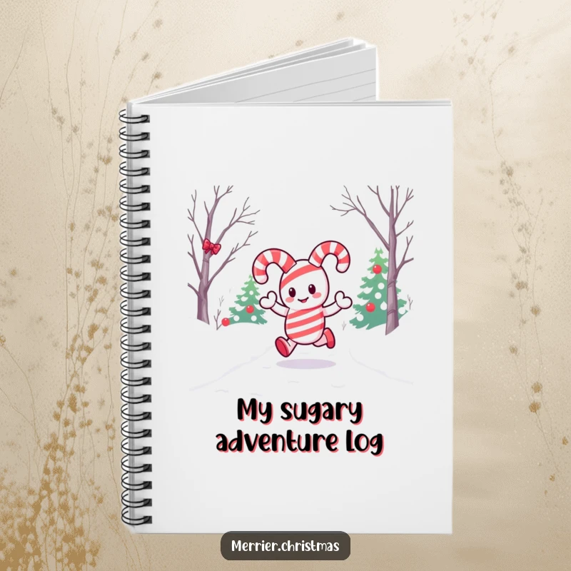 Funny notebook with a kawaii candy cane character hopping on a snowy path, ideal for journaling holiday memories or daily notes.
