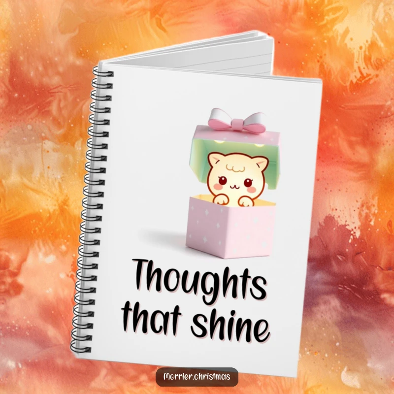 Funny notebook with a kawaii gift box character opening to reveal a twinkling light, perfect for capturing creative ideas and notes.