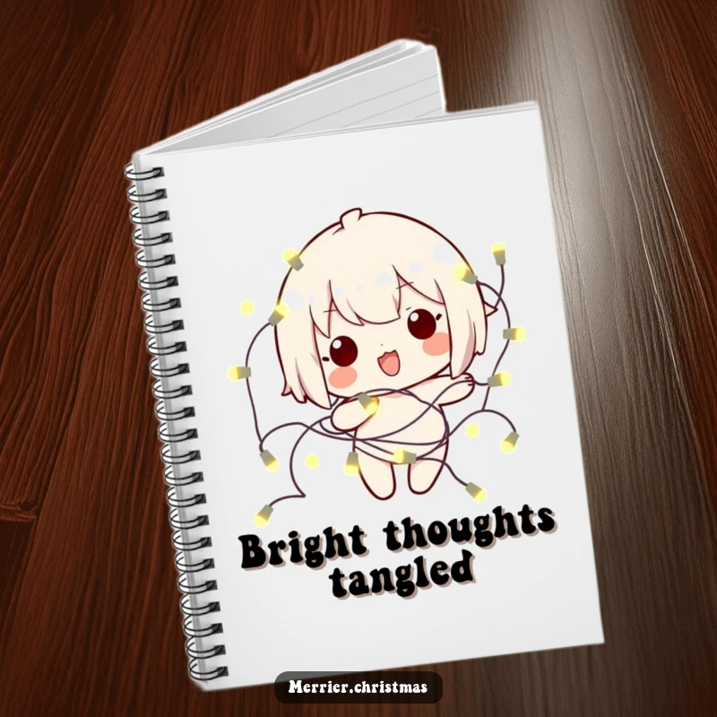 Funny kawaii character tangled in glowing lights, featured on a notebook for jotting down holiday ideas and plans.