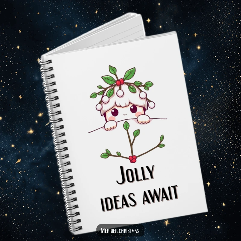 Funny Mistletoe notebook, a cute character playfully peeking from above, perfect for jotting down holiday plans and notes.