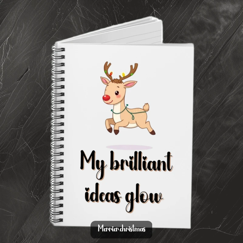 Funny notebook with a whimsical reindeer prancing, its antlers adorned with bright Christmas lights, ideal for note-taking.