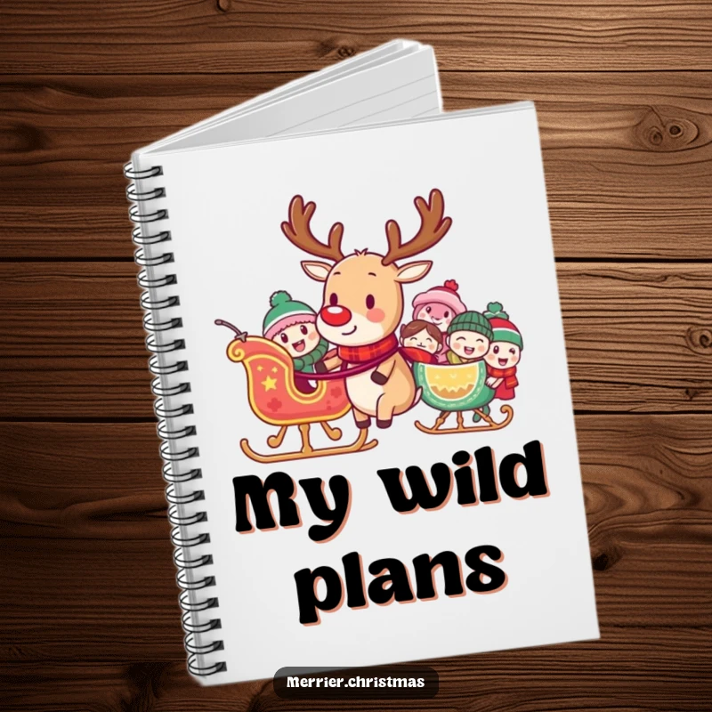 Funny notebook with a reindeer pulling a sleigh full of laughing characters on the cover, perfect for jotting notes with a humorous theme.