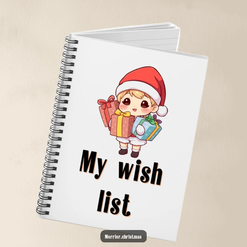 Funny notebook featuring a character in a Santa hat holding brightly wrapped gifts, ready to capture notes with a festive and cheerful design.