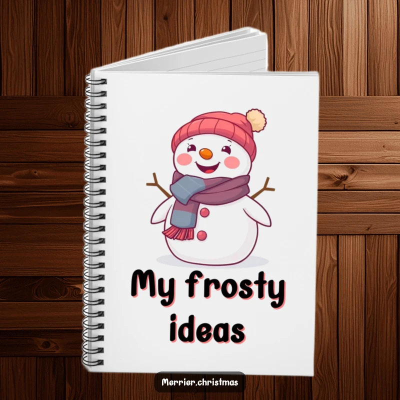 Funny notebook featuring a cute snowman with a festive scarf, beaming with joy, ideal for winter notes.