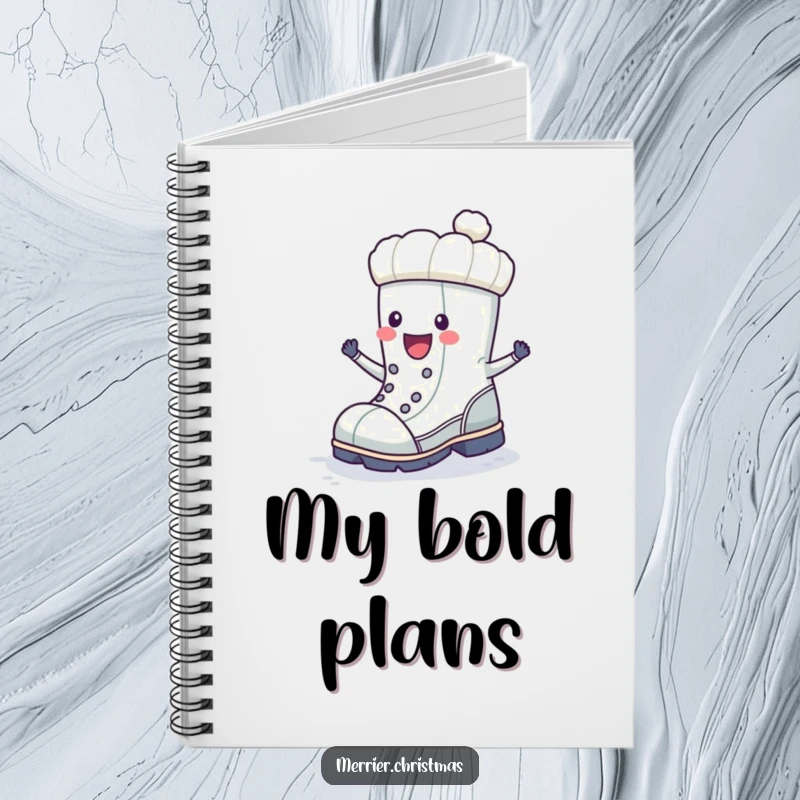 Funny winter boot character doing a happy stomp, adorning the cover of a winter-themed notebook.