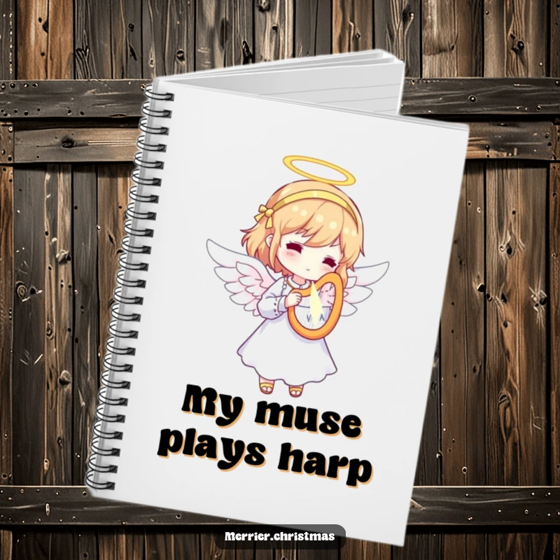 Funny Angel Harp Notebook featuring a character dressed as an angel, playing a tiny, radiant harp, perfect for jotting down divine and funny notes.