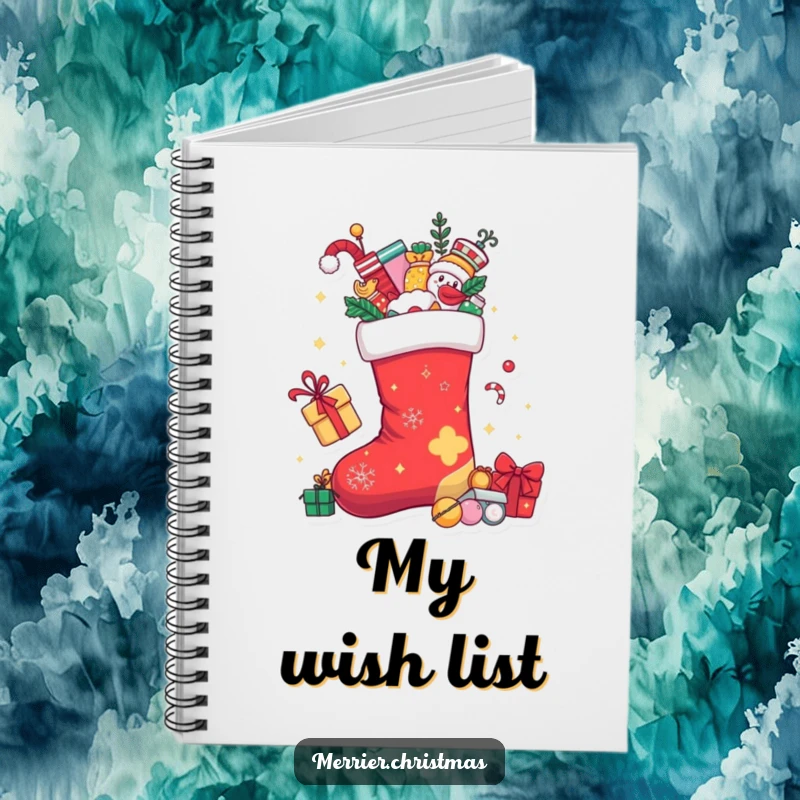 Funny Christmas stocking character overflowing with playful treats, adorning the cover of a holiday notebook.