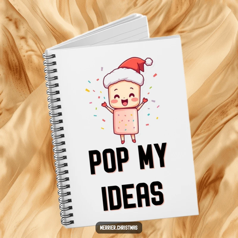 Funny Notebook with a Christmas cracker character joyfully popping with confetti, perfect for party plans and notes.