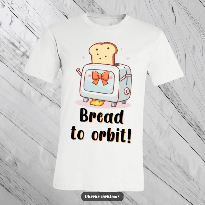 Funny t-shirt showing an overly enthusiastic toaster oven attempting to launch a slice of bread with a festive bow into orbit.