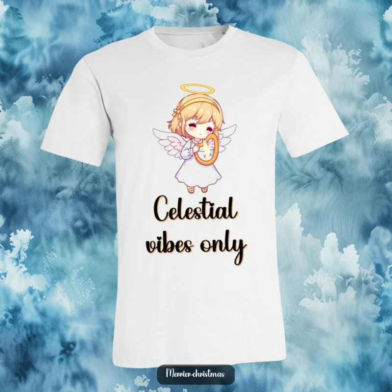 Funny Angel T-Shirt featuring a character dressed as an angel, playing a tiny, radiant harp, perfect for spreading peaceful and humorous joy.