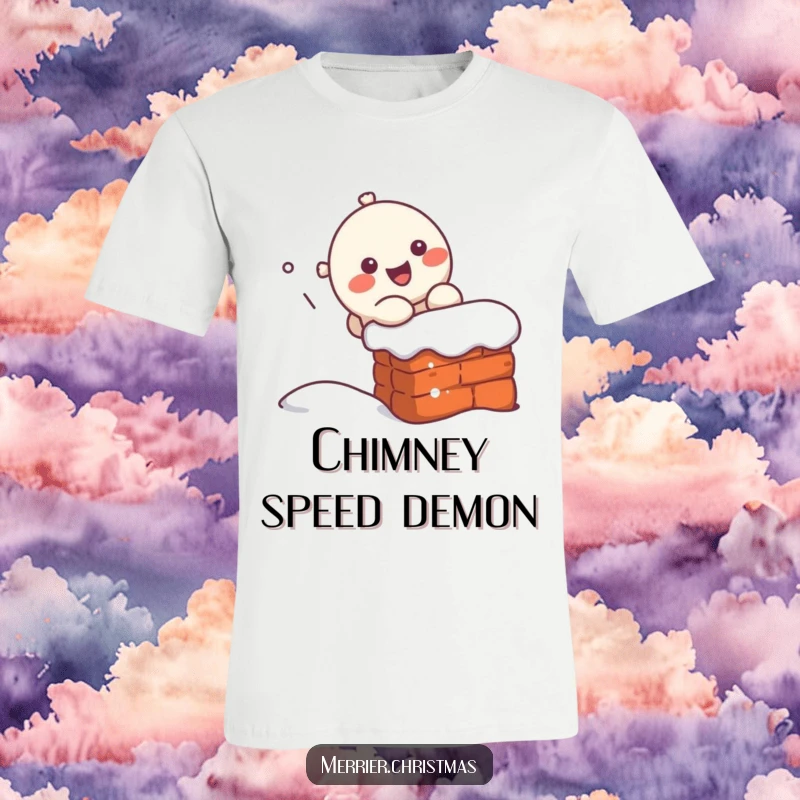 Funny kawaii character in a joyful descent down a chimney, captured on a t-shirt for a whimsical Christmas vibe.