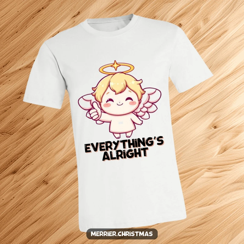 Funny t-shirt showing a kawaii angel with a sparkling halo giving a big, cheerful thumbs up, looking angelic and happy.