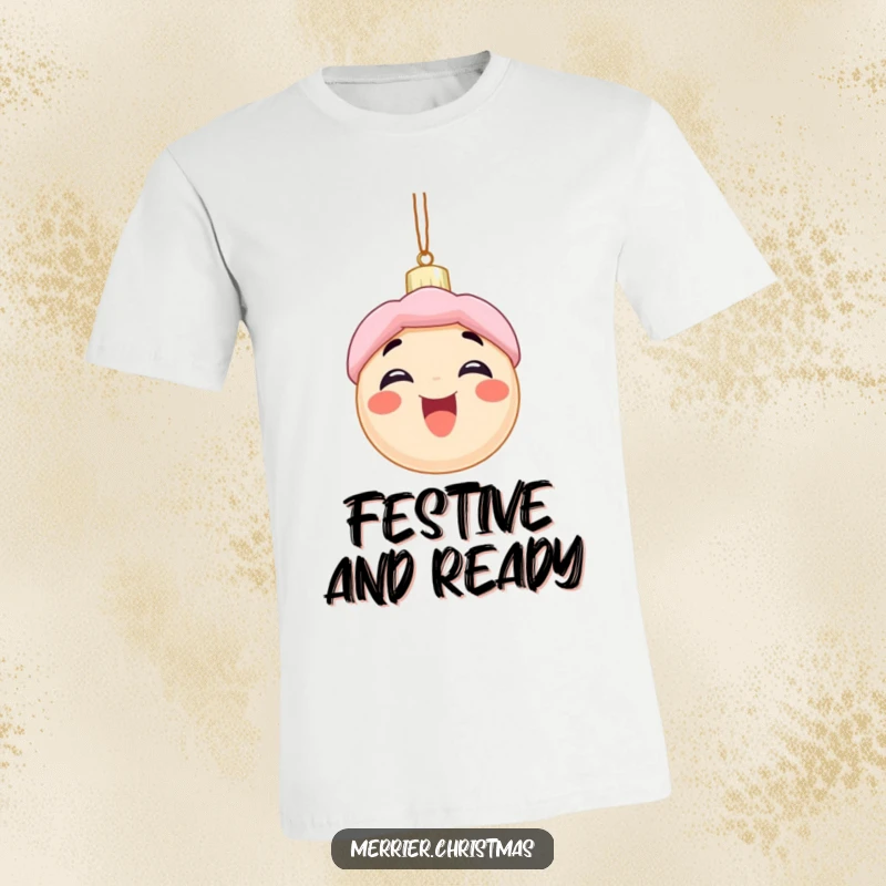 Funny t-shirt featuring an excited Christmas ornament character with a wide smile, celebrating the fun and humor of the holiday season.