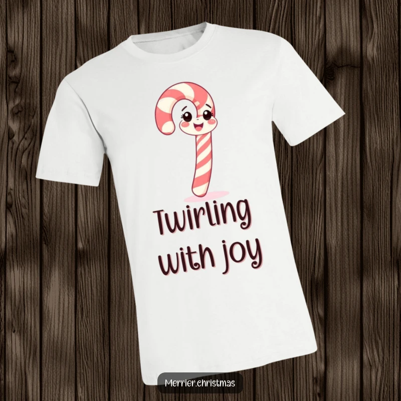 Funny candy cane t-shirt, cheerfully spinning with joy, perfect for holiday fun and as a funny gift.