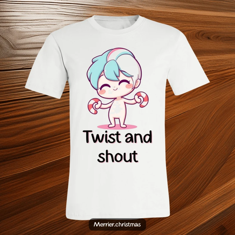 Funny t-shirt featuring a stylized candy cane character bending playfully, perfect for spreading holiday cheer and laughter with its whimsical design.