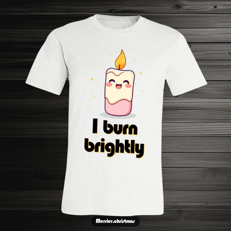 Funny Candle T-Shirt showcasing a flickering candle character with a joyful expression, symbolizing bright and cheerful energy.
