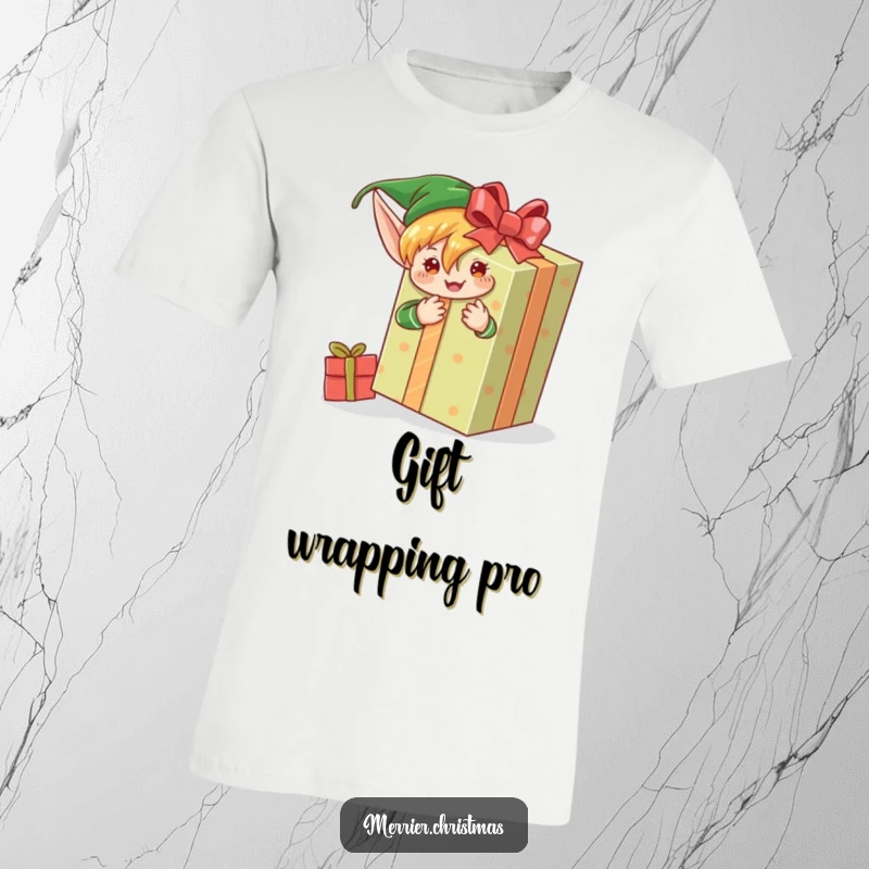 Funny t-shirt depicting a busy elf character eagerly wrapping a very large gift, showcasing holiday preparation and cheer.