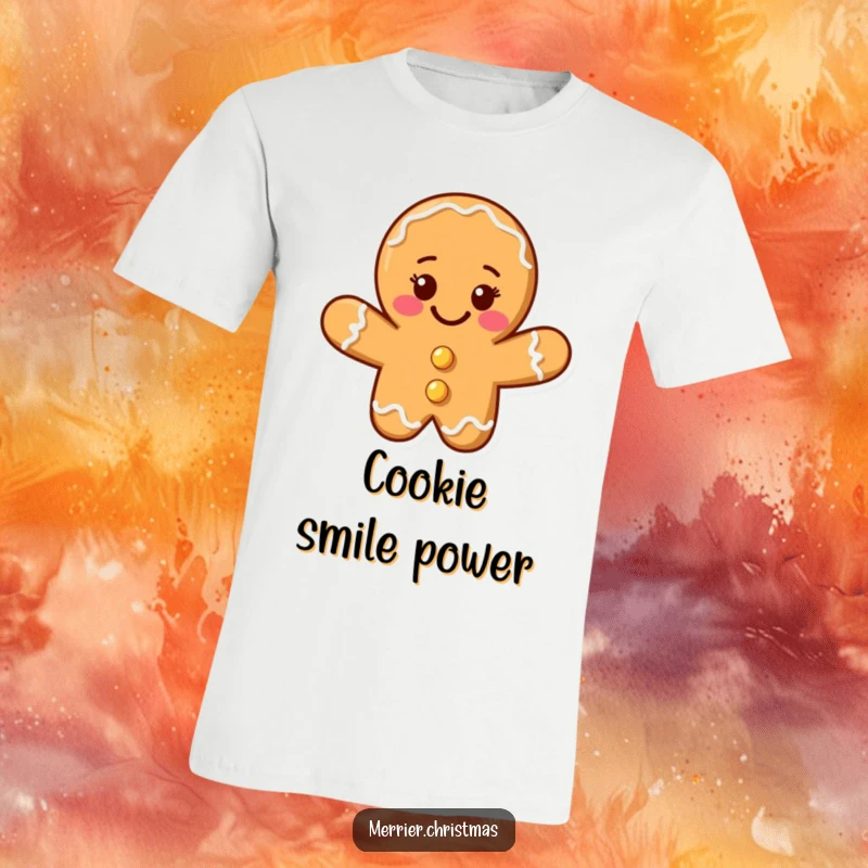 Funny gingerbread cookie man t-shirt with a whimsical beaming smile, perfect for festive fun and as a funny gift.