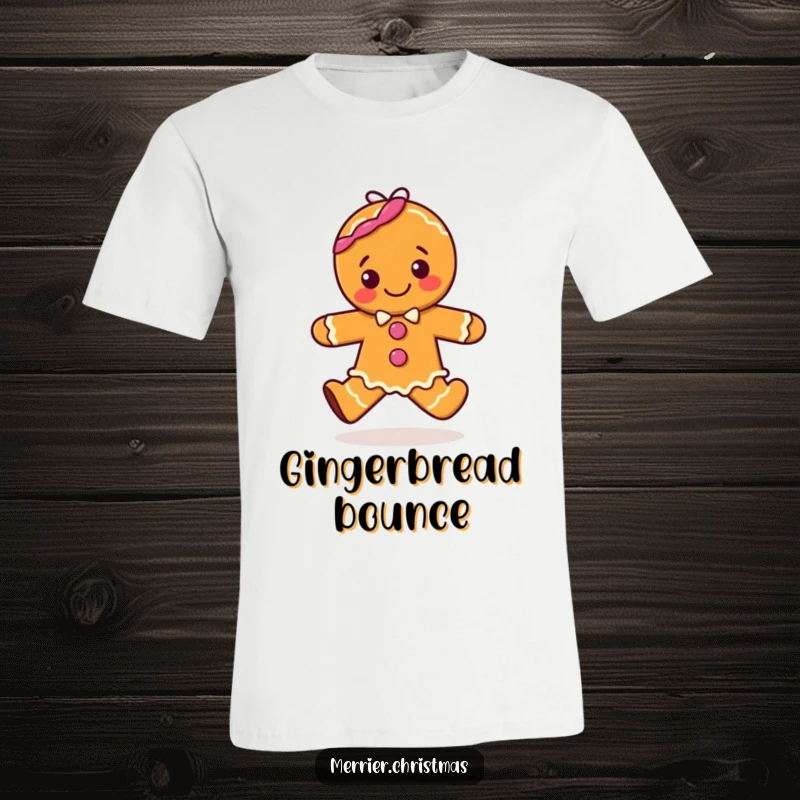 Funny t-shirt featuring a delighted gingerbread character performing a joyous hop, looking incredibly happy and festive.