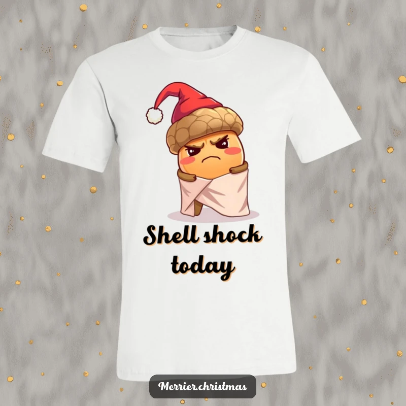 Funny t-shirt graphic of a grumpy, oversized acorn in a tiny Santa hat struggling to wrap itself in shiny paper alone.