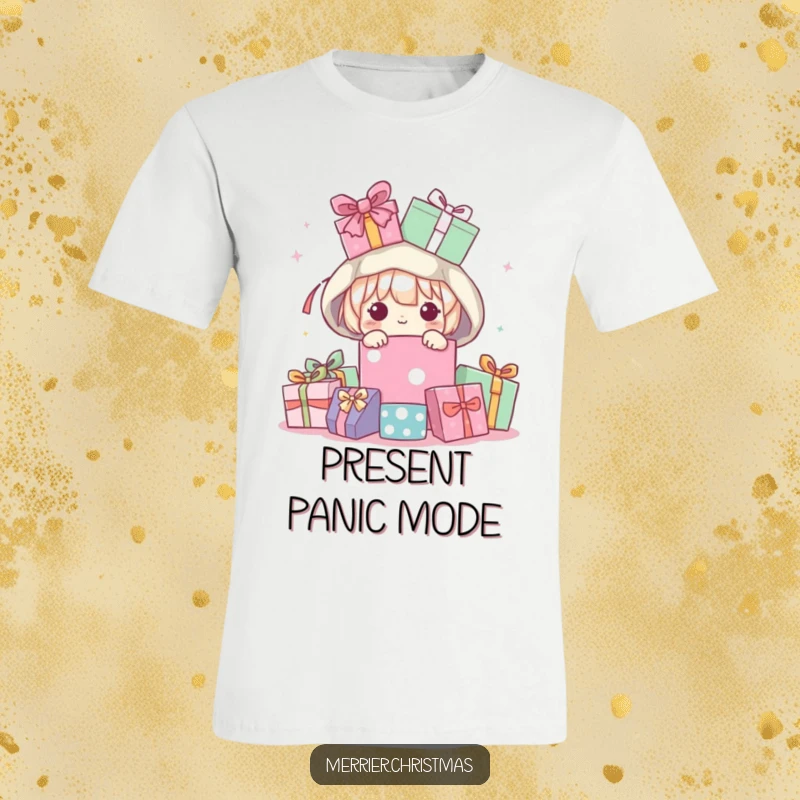 Funny T-Shirt of a cute kawaii character peeking playfully from beneath a mountain of vibrant, wrapped gifts, expressing pure delight.