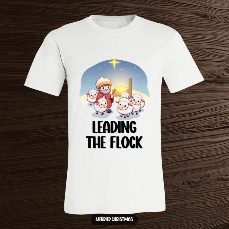 Funny Kawaii Shepherd T-Shirt: Adorable cartoon shepherd character leading a flock of fluffy sheep toward a radiant manger, perfect holiday wear.
