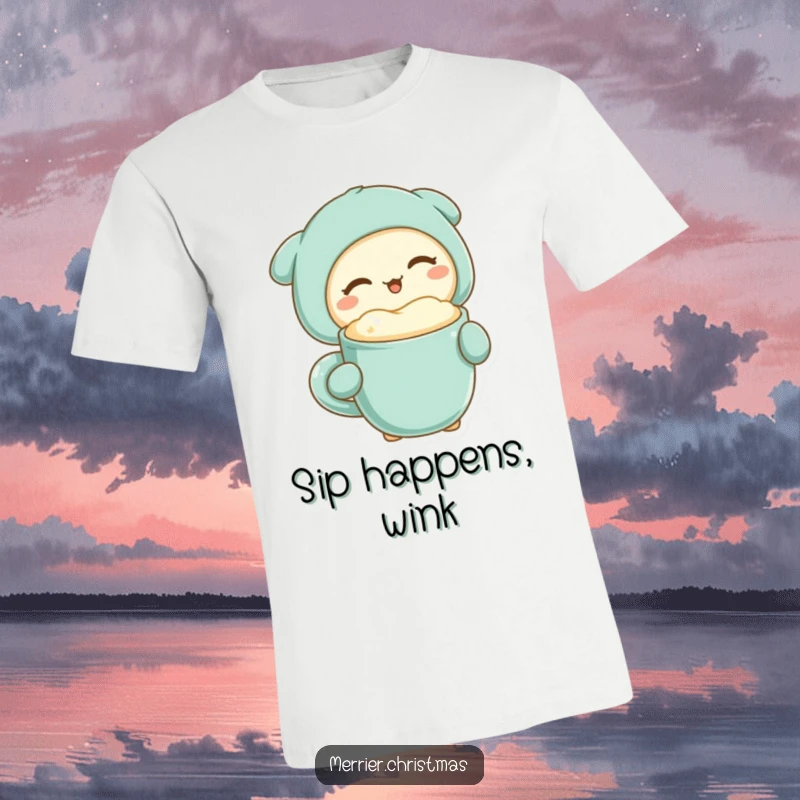 Funny kawaii character playfully winking while holding a mug of warm, frothy drink, featured on a stylish t-shirt.