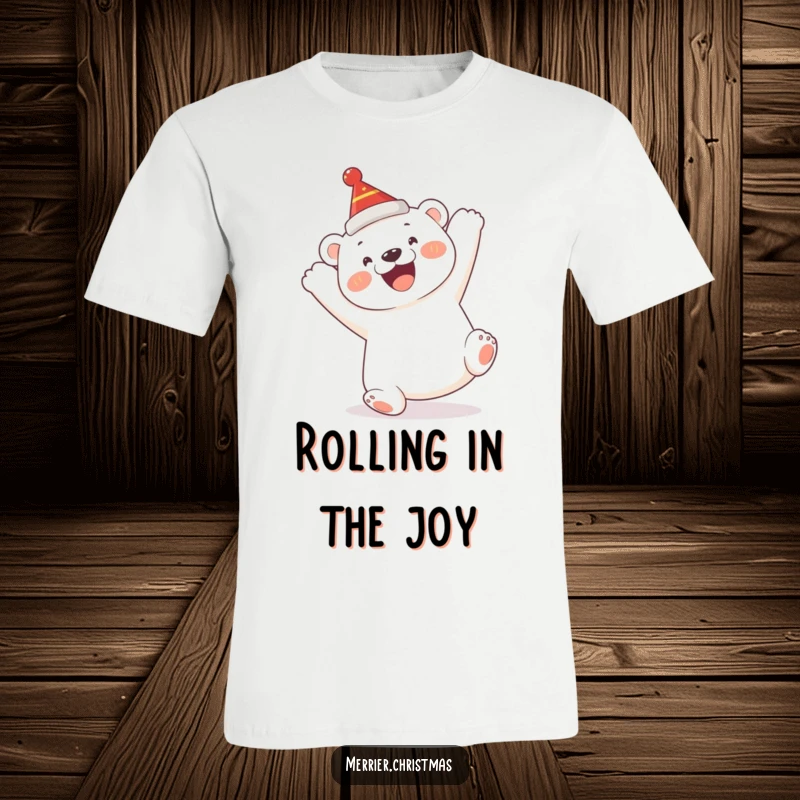Funny Polar Bear Cub T-Shirt: a cute cub humorously doing a somersault, wearing a festive hat, full of playful energy.