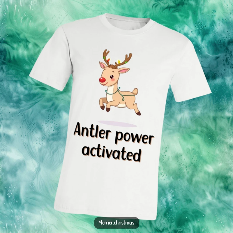 Funny t-shirt showing a happy reindeer prancing with antlers covered in colorful Christmas lights, a festive and joyful holiday design.