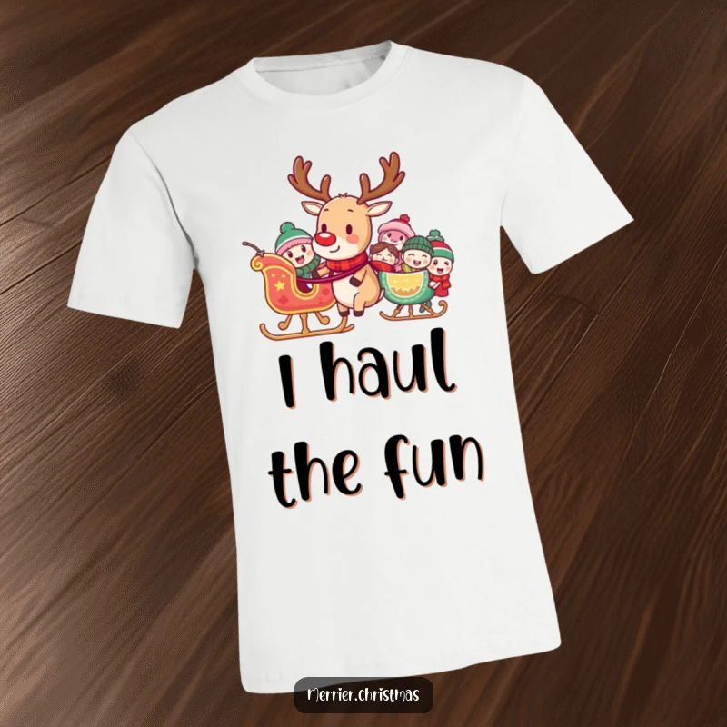 Funny t-shirt featuring a reindeer pulling a sleigh full of laughing characters, perfect for showcasing holiday cheer and humorous fun.