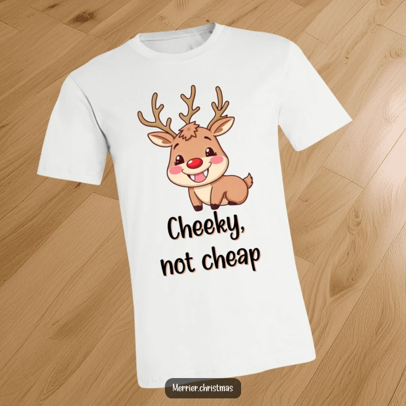 Funny Reindeer T-Shirt featuring a character with a huge, goofy grin and rosy cheeks, perfect for spreading holiday cheer and laughter.