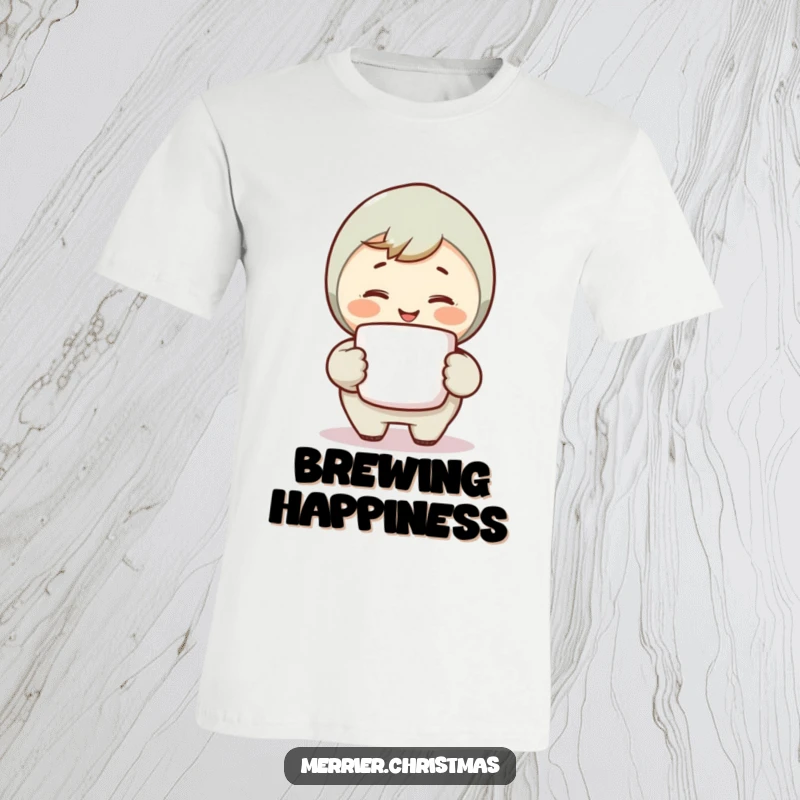 Funny Smile T-Shirt of a character holding a steaming mug and smiling warmly, exuding comfort and a friendly vibe.