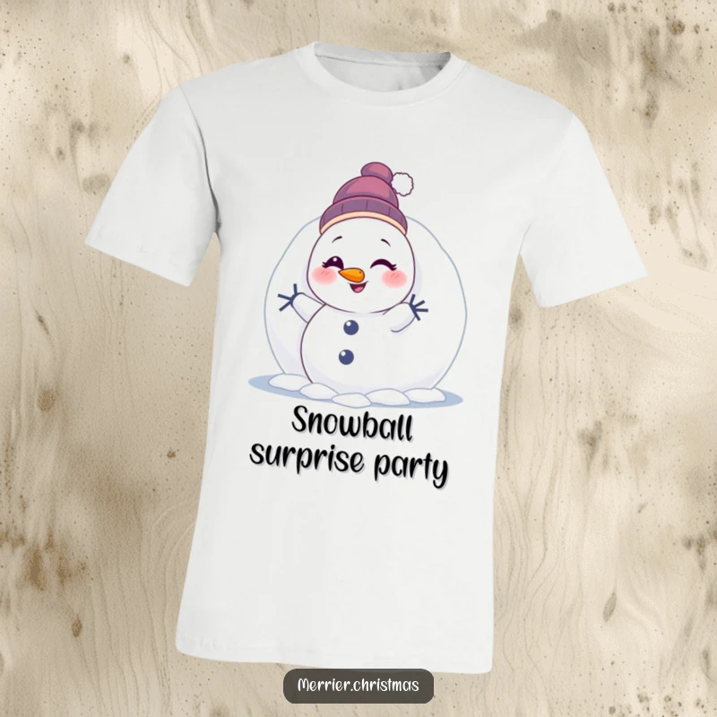 Funny Winking Snowman T-Shirt: a charming character humorously peeking behind a snowball and winking, perfect for winter fun.