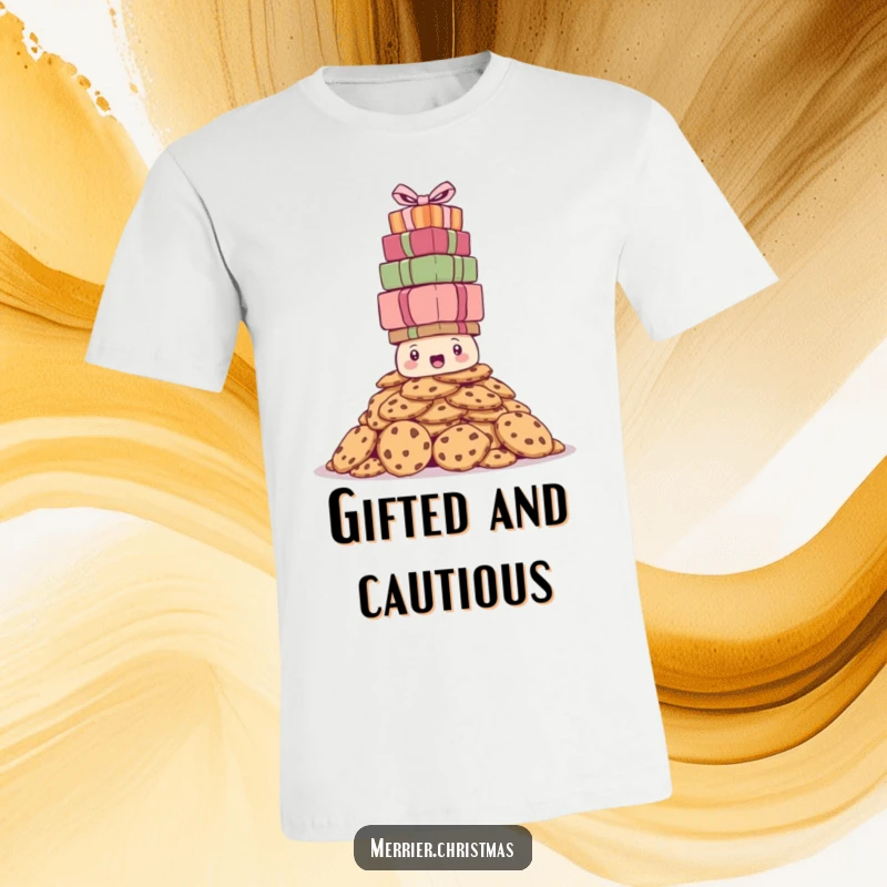 Funny t-shirt graphic of a bewildered cookie pile struggling to balance a towering stack of Christmas presents overhead.