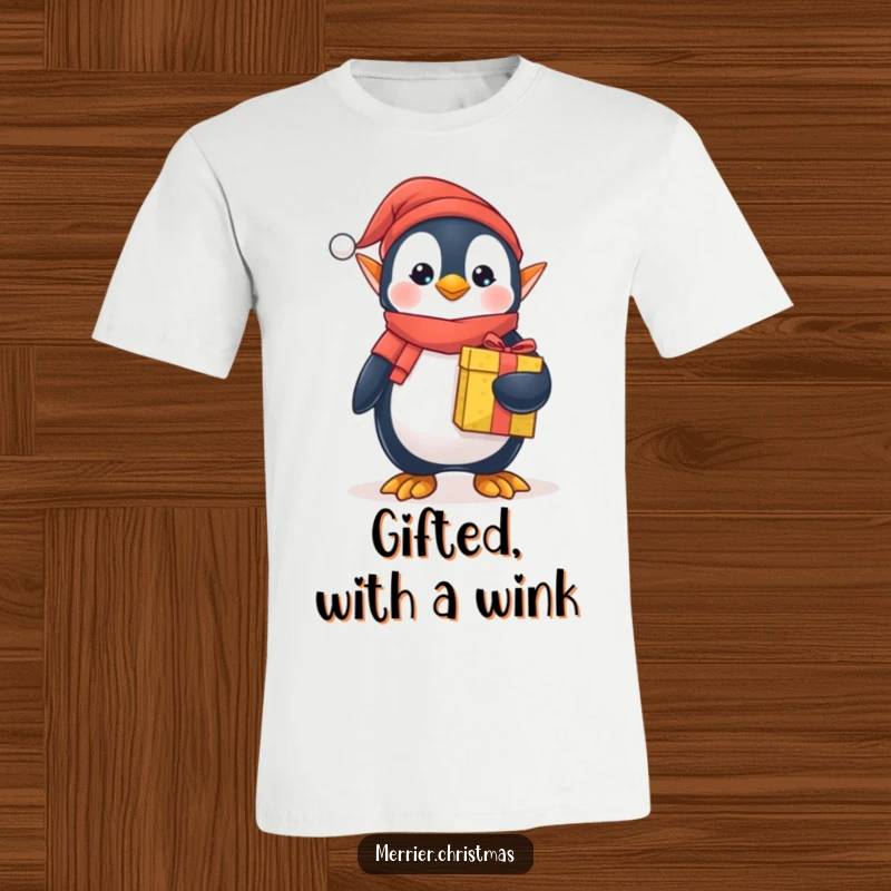 Funny elf penguin t-shirt, dressed as an elf, holding a colorful present, celebrating Christmas joy and cuteness.