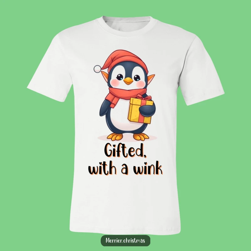 Funny Elf Penguin T-Shirt - Cute Festive Character Holding Present, Perfect Holiday Humor!