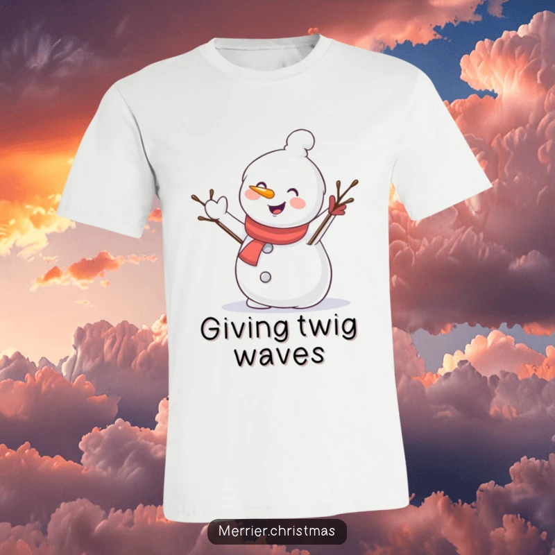 Funny t-shirt featuring a happy snowman character giving a big, enthusiastic wave with its simple twig arm, inviting winter fun.