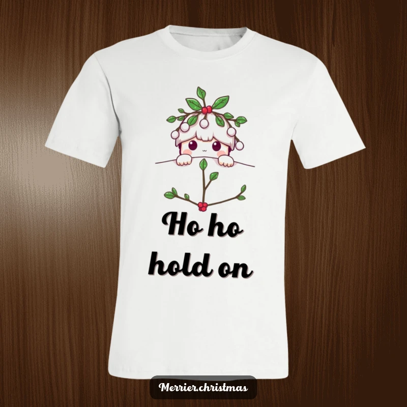 Funny Mistletoe t-shirt, a cute character playfully peeking from the top, bringing holiday cheer with a grin.