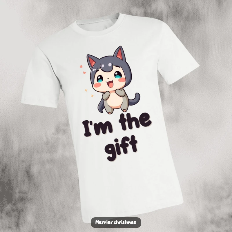 Funny T-Shirt, a little present character wiggling with all its might, bursting with excitement and anticipation.