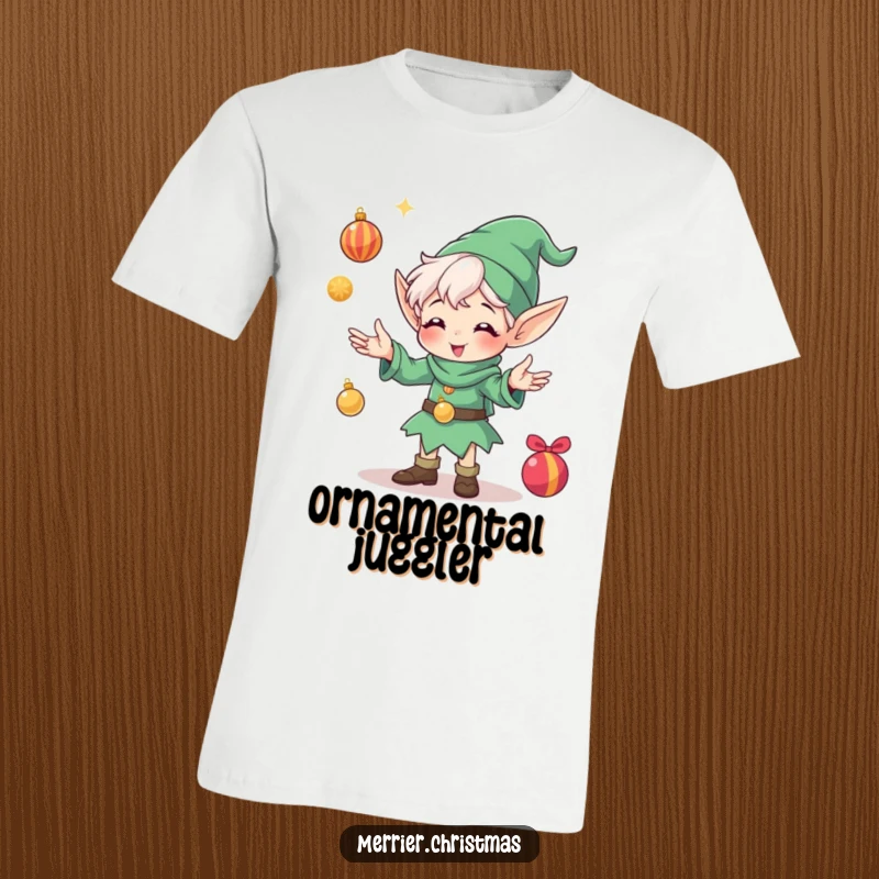 Funny t-shirt featuring a delighted elf character in motion, enthusiastically juggling multiple shiny Christmas ornaments with a wide, joyful grin.