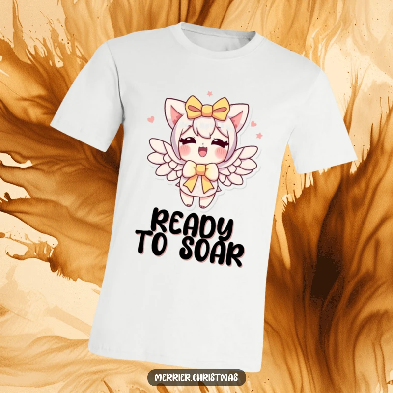 Funny gift bow t-shirt, a character with a gift bow enthusiastically sprouting wings and ready for adventure.
